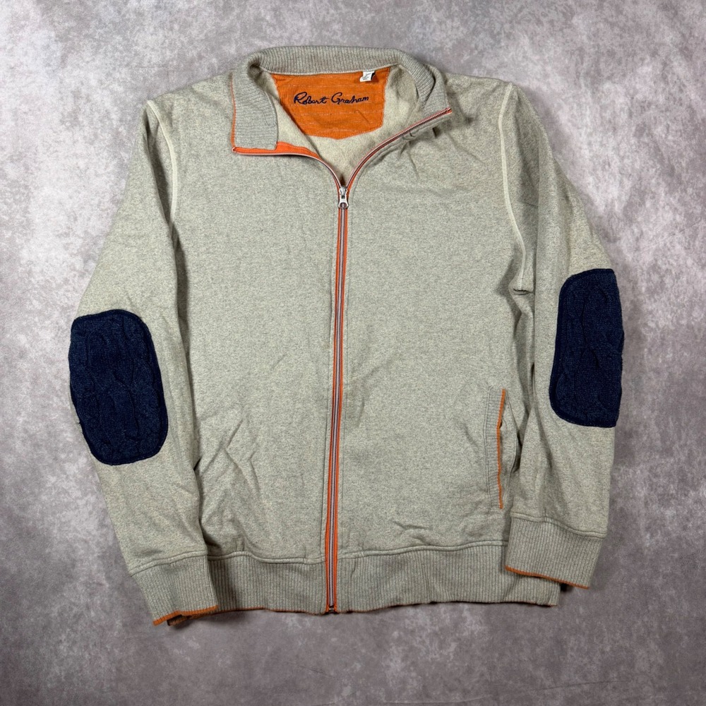 Robert Graham Mens Full Zip Sweatshirt Large Gray Navy Orange Elbow Patches